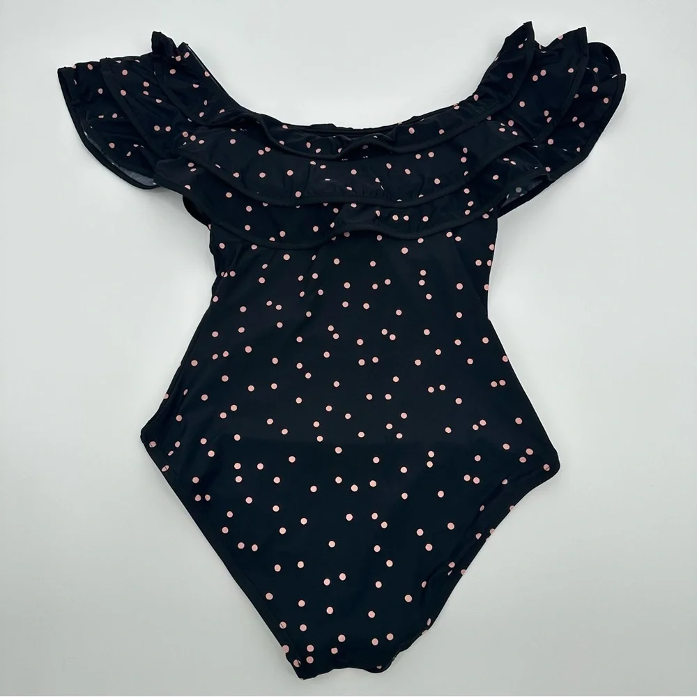 Kate Spade Polka Dot One-Piece Swimsuit With‎ Ruffle Off-Shoulder Design Size XS